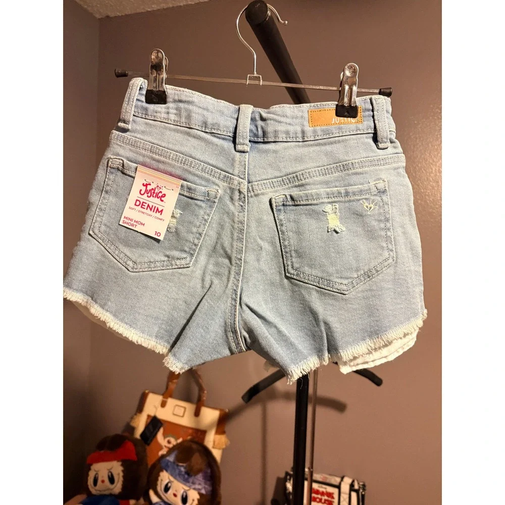 Justice Girls Denim Mini Mom Shorts Light Wash Distressed Sequin Size 10 NEW